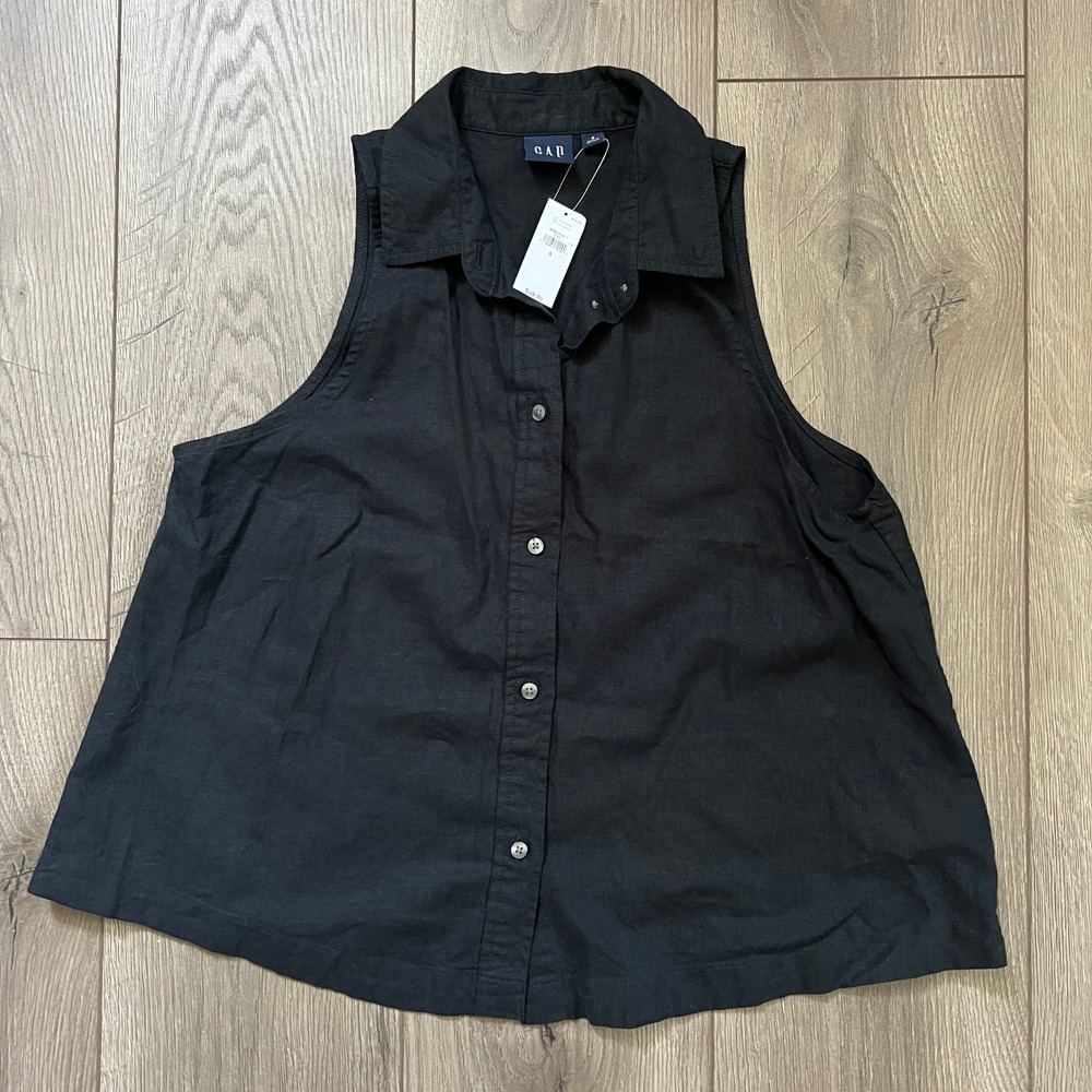 GAP NWT Womens Small Linen Blend Sleeveless Button Front Shirt Tank Black new